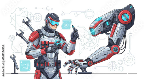 Futuristic technician repairing a robot arm using advanced tools and diagnostic interfaces design