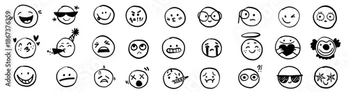 Doodle face emotion symbol sigh simple line art collection. Hand drawn vector mood expression illustration set bundle. 
