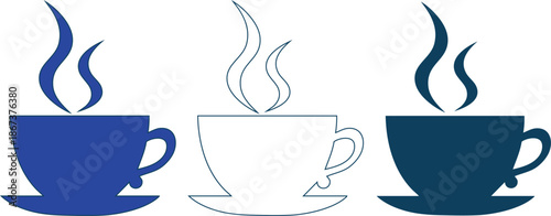 set of coffee cups with steam rising up isolated on white background