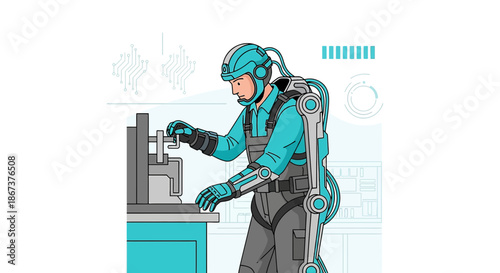 Futuristic worker operating machinery with advanced exoskeleton technology and helmet system