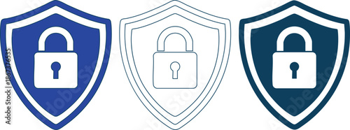 Shield and padlock security icons in blue white and dark blue colors for protection concepts