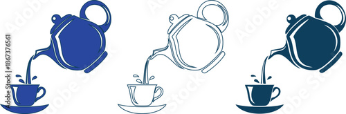 Tea pouring from teapots into cups on saucers in different shades of blue on transparent background