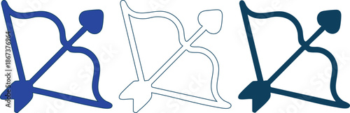 Three different colored bow and arrow icons in blue and white hues for graphic design