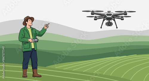 Agricultural innovation farmer utilizing drone technology for crop monitoring on the field