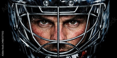 Ice hockey goalie intense portrait in helmet mask. Concept of focus, pressure, defensive role, mental strength, professional sport branding and competitive hockey visuals.