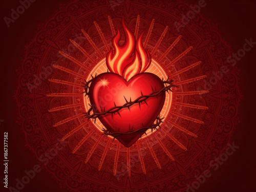 Sacred heart illustration in red tones