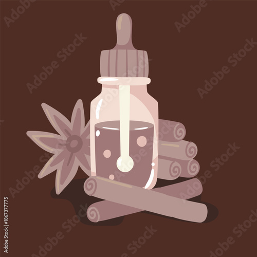 Warm cinnamon oil with fragrant spice sticks and star anise. A cozy vector for seasonal wellness and spicy oriental perfumes.