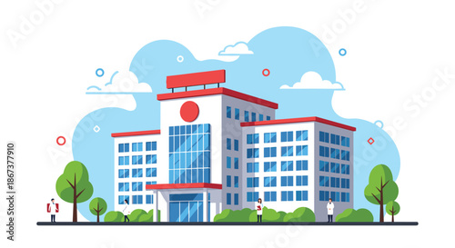 Modern hospital building with medical staff standing outside in front of green trees and a blue sky for health themes.