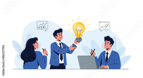 Business team of three people working together with a big glowing light bulb for creative idea and brainstorming sessions.