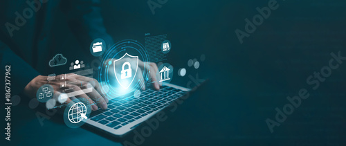 The concept of cybersecurity, access to users' personal data, and security.glowing shield and padlock representing enterprise data protection, secure system access, digital privacy, network safety