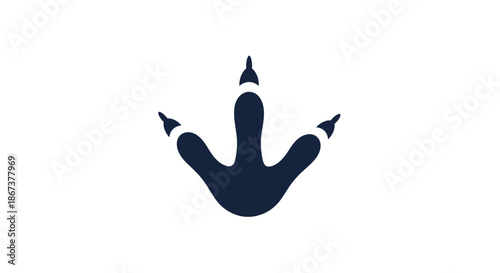 Large dark blue silhouette of a three-toed dinosaur footprint or prehistoric bird track isolated on a clean white background.