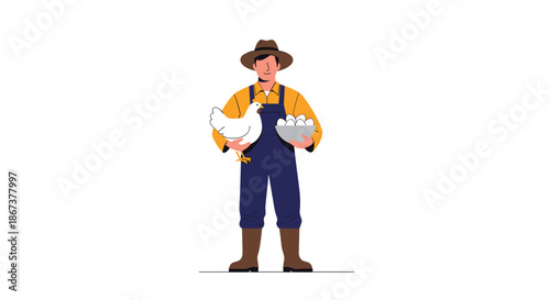 Professional male farmer wearing a hat and overalls holding a white chicken and a bowl of fresh eggs from his rural poultry farm.