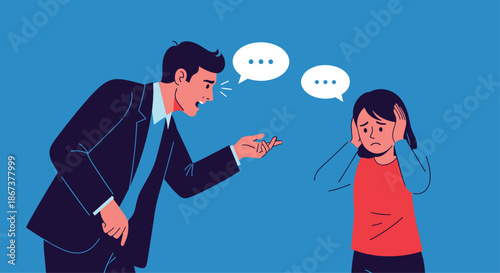 Illustration of an angry man in a suit shouting at a stressed woman who is covering her ears with her hands to block out the loud noise.
