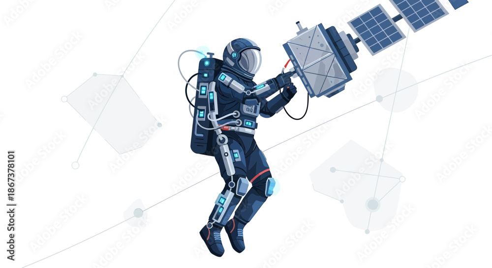 Obraz premium Astronaut repairing a satellite in space modern technology concept for space exploration future of