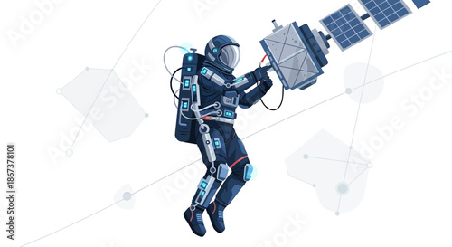 Astronaut repairing a satellite in space modern technology concept for space exploration future of