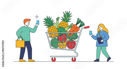 Modern couple using mobile apps to scan groceries in a shopping cart filled with fresh pineapples carrots and bell peppers.