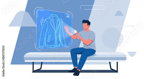 Augmented reality shopping experience: Man interacting with virtual clothing display