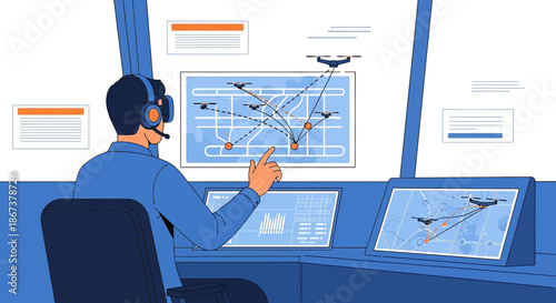 Control operator overseeing drones on monitors showing geographical paths and data analysis
