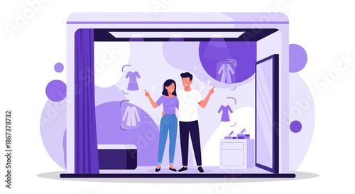 Couple shopping for digital clothes in a virtual fitting room with augmented reality integration