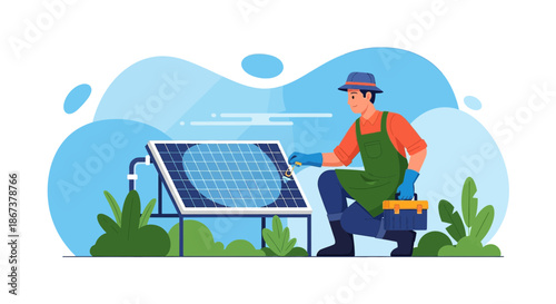 Craftsman inspecting solar panel efficiency for sustainable living solutions today