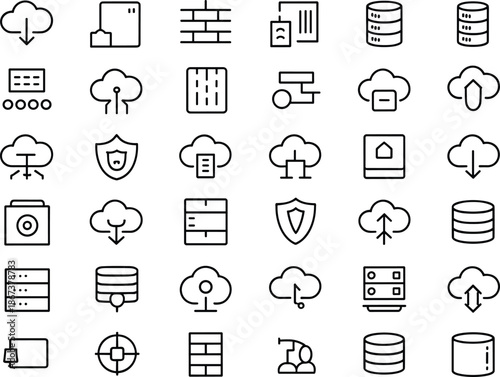 Cloud Computing and Network Security Line Icon Set, Data Storage, Firewall Protection, Database Management, Hosting Infrastructure, and Web Technology Symbols.