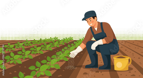 Cultivating growth: A farmer nurtures young crops in a field under a sunny sky illustration