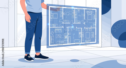 Designer holding modern holographic architectural plan of house with advanced technology future
