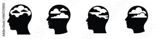 Human head with clouds icon set – mindfulness, imagination, mental clarity, and creative thinking concept in black silhouette design symbolizing daydreaming, calm mind, and inspiration