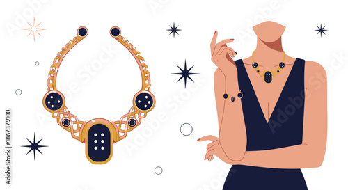 Elegant golden jewelry set showcased with celestial accents against a clean backdrop drawing