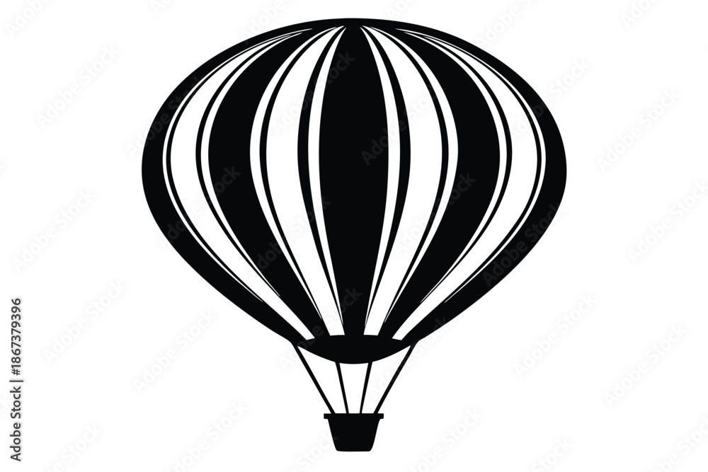 Obraz premium Minimalist Hot Air Balloon Silhouette Vector Illustration, Black and White Iconic Aerostat Graphic Isolated on White Background for Travel and Adventure Design