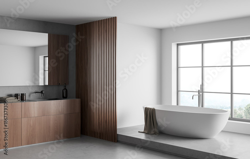 Canvas-taulu Modern bathroom interior with wooden cabinet, vertical slat partition, and white