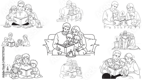 Clean vector line illustration of a happy family reading a book together by the soft light of a candle for peaceful evening education and home storytelling concepts