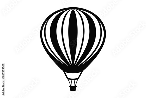 Classic Hot Air Balloon Silhouette with Stripes, Black and White Vector Graphic for Holiday and Celebration Concept Designs Isolated on White
