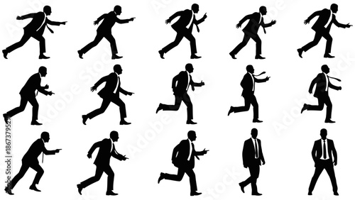 Collection of Running People Silhouettes in Various Dynamic Poses, Isolated White Background
