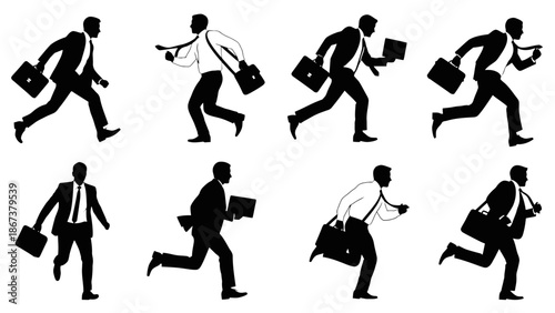 Set of Running Businessmen Silhouettes with Briefcases in Dynamic Poses, Isolated White Background