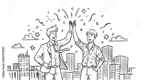 Happy Businessmen Giving High-Five Celebrating Success in Cityscape Background with Confetti