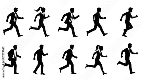 Set of male and female business people running actively, carrying briefcases on an isolated white background.