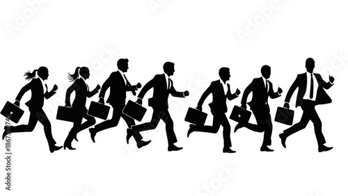 Group of diverse business people running fast with briefcases, hurrying towards success on an isolated white background.