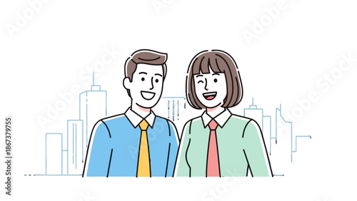 Happy business man and woman standing together, smiling confidently in a bright studio with a city skyline background.
