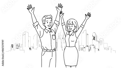 Happy triumphant business couple raising hands in victory with city skyline in background.