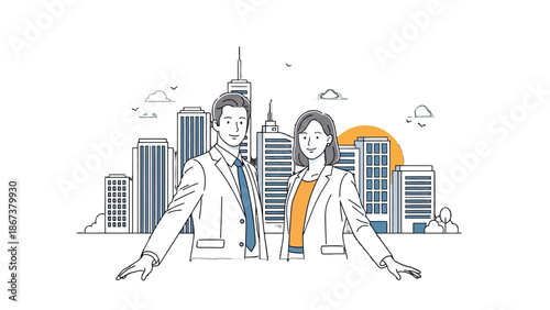 Positive business man and woman standing confidently and smiling in front of a vibrant city skyline outline with the sun, isolated white background.