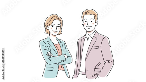 Confident business man and woman standing professionally and smiling slightly on an isolated white background.