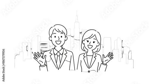 Three friendly business professionals, two men and a woman, smiling happily in front of a city skyline outline, isolated white background.