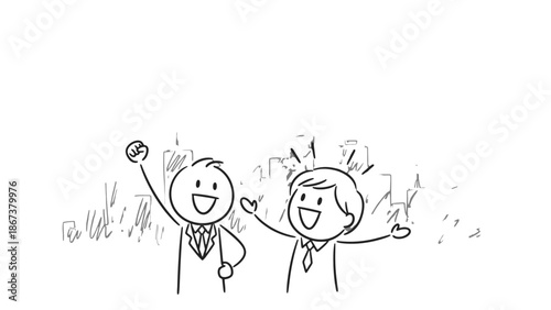 Two cheerful cartoon business people waving and celebrating success in front of a city outline, isolated white background.