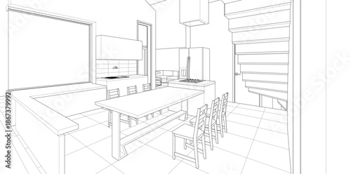 interior kitchen living room 3d illustration	
