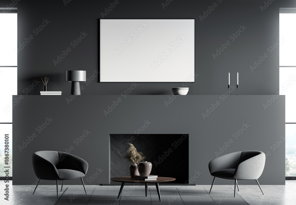 Fototapeta premium Contemporary interior showing blank canvas poster mockup on dark wall above a fireplace, with modern furniture and decor in a clean layout. 3D Rendering