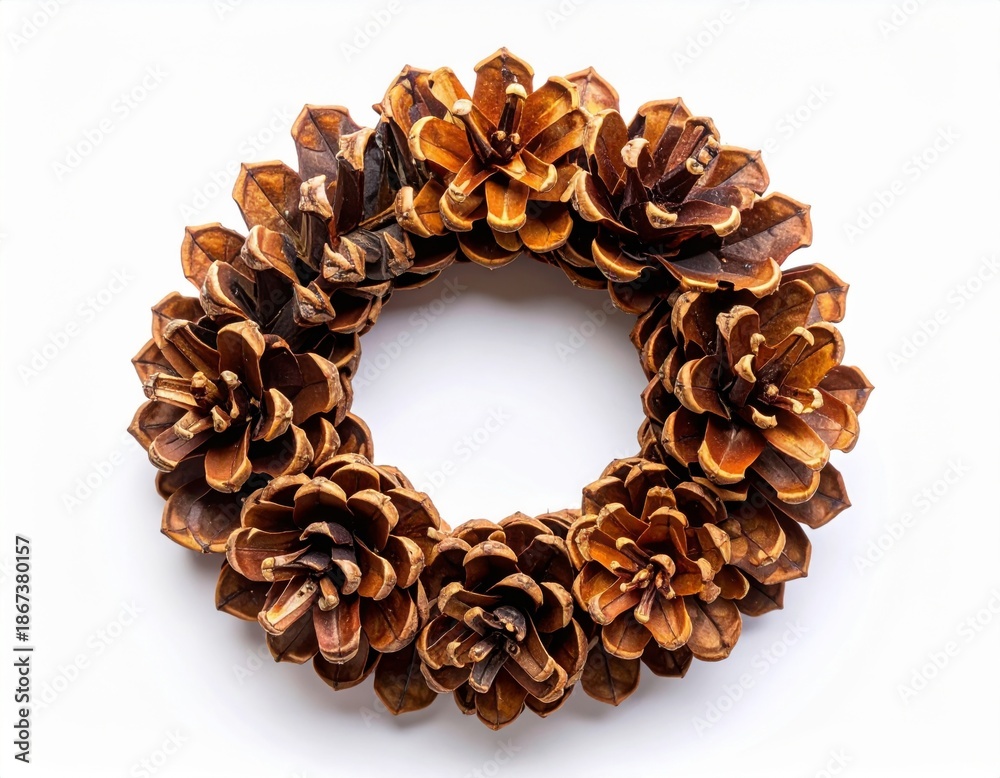 Obraz premium Pine Cone Wreath Holiday Decoration on White Backdrop for Festive Season