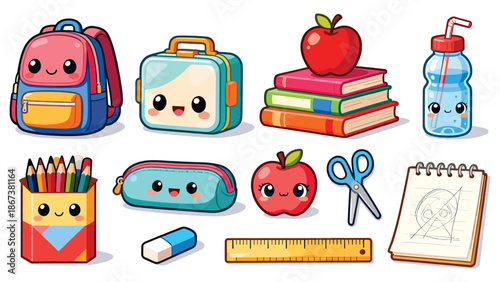 Colorful cartoon school supplies and stationery arranged on a white background with smiling characters