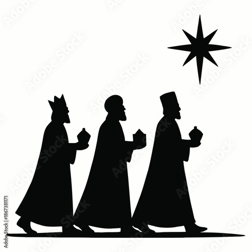 Three wise men walking under a star in silhouette illustration