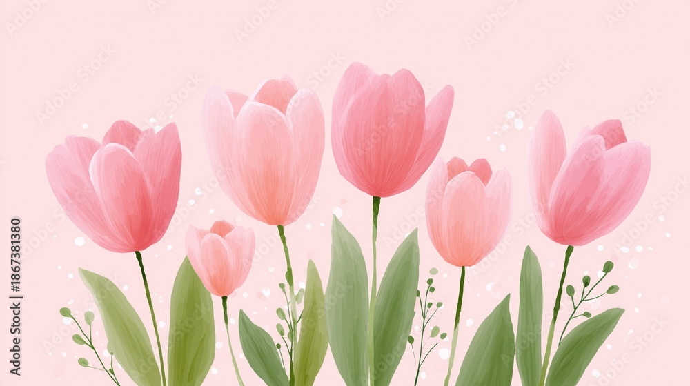 Fototapeta premium Delicate Pink Tulips Blooming Against Soft Pink Background, for spring, nature, or feminine-themed design projects.